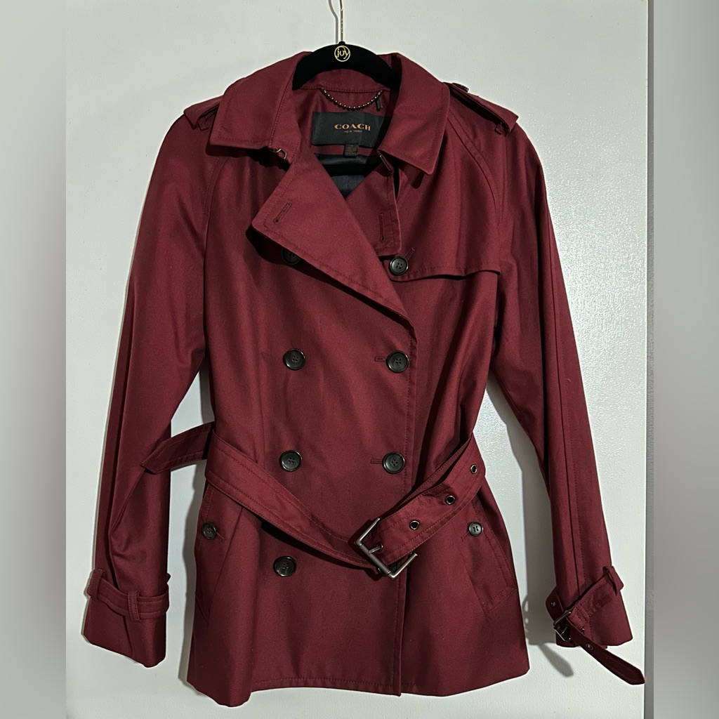 Coach Solid Short Trench Coat In Burgundy Nwot Size Medium